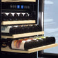 Wine bottles in TCL 24 in. 46 Bottle Dual Zone Wine Cooler with Glass Door (TRW46B8AS) with digital temperature display.