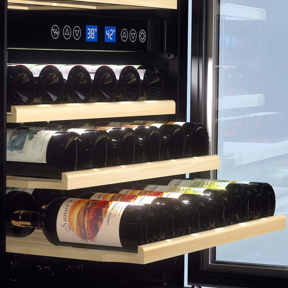 Wine bottles in TCL 24 in. 46 Bottle Dual Zone Wine Cooler with Glass Door (TRW46B8AS) with digital temperature display.