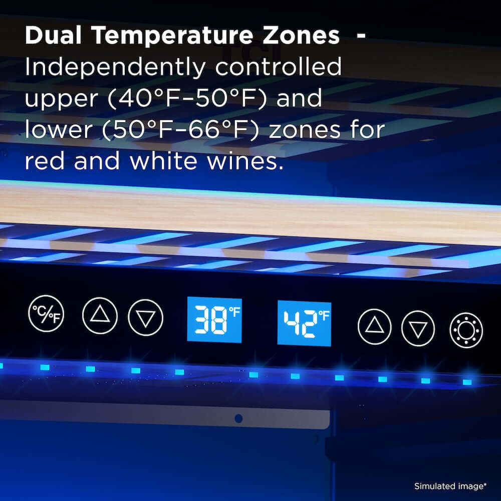 TCL 24 in. 46 Bottle Dual Zone Wine Cooler with Glass Door (TRW46B8AS) with digital display showing dual temperature zones for red and white wines.