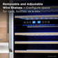 TCL 24 in. 46 Bottle Dual Zone Wine Cooler with Glass Door (TRW46B8AS) with removable and adjustable wire shelves, digital temperature display, and text indicating customizable space for cans, bottles, or a mix.