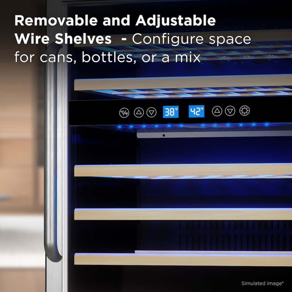 TCL 24 in. 46 Bottle Dual Zone Wine Cooler with Glass Door (TRW46B8AS) with removable and adjustable wire shelves, digital temperature display, and text indicating customizable space for cans, bottles, or a mix.