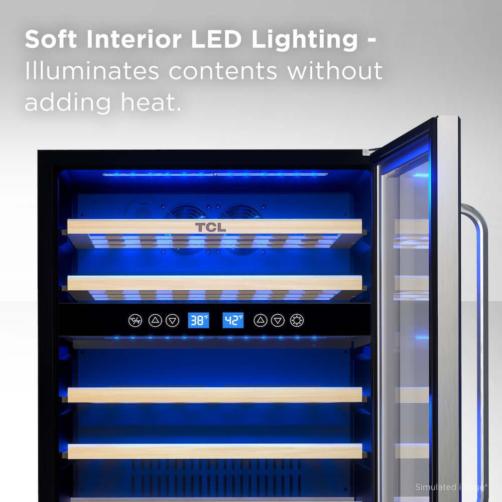TCL 24 in. 46 Bottle Dual Zone Wine Cooler with Glass Door (TRW46B8AS) with soft interior LED lighting