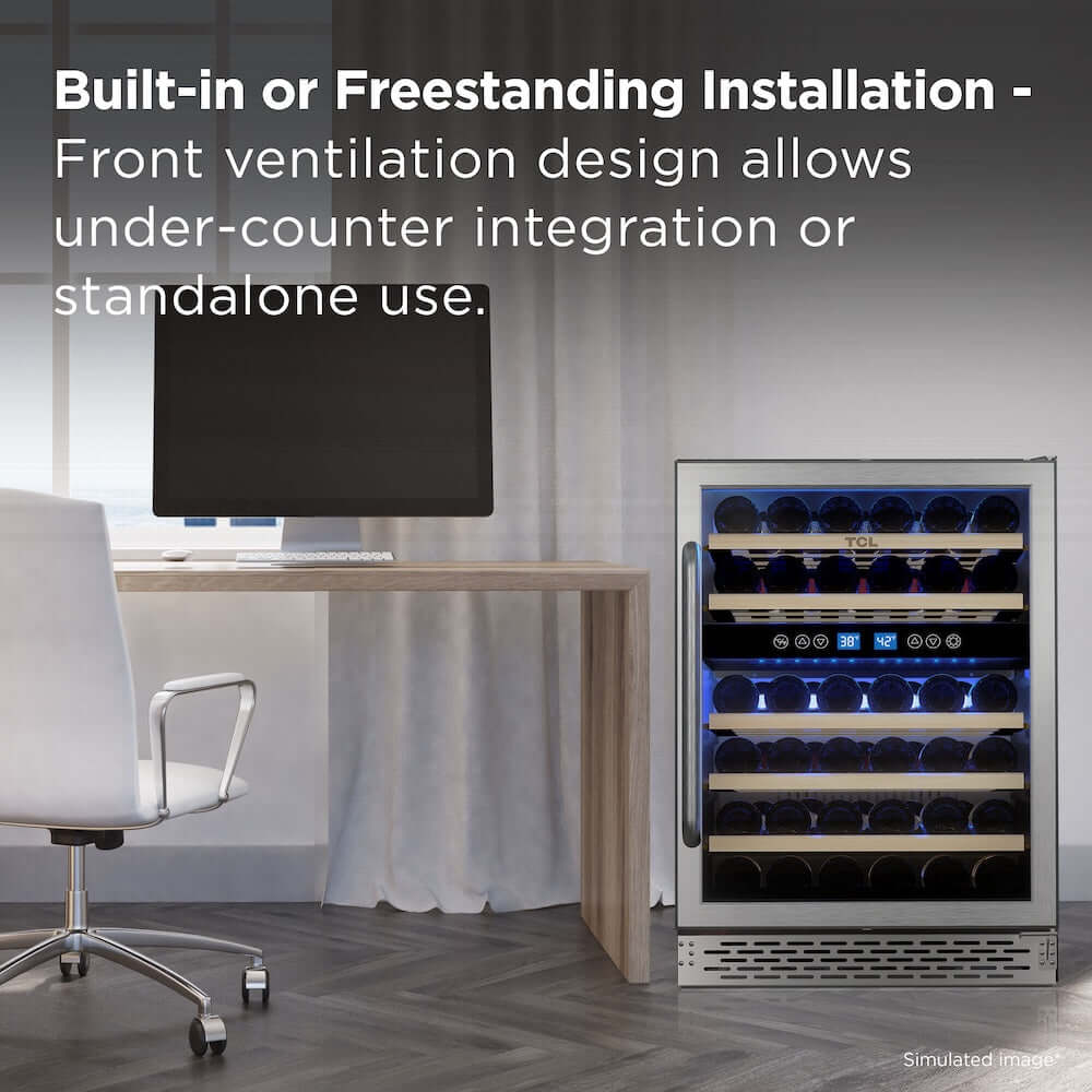 TCL 24 in. 46 Bottle Dual Zone Wine Cooler with Glass Door (TRW46B8AS) in a home office setting with text about installation options.