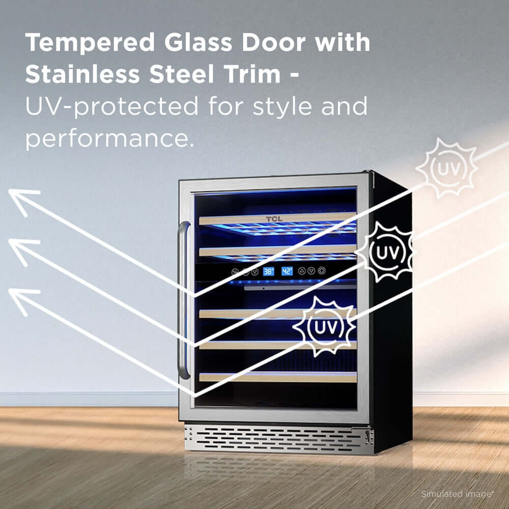 TCL 24 in. 46 Bottle Dual Zone Wine Cooler with Glass Door (TRW46B8AS) with tempered glass door and stainless steel trim, UV-protected feature highlighted.