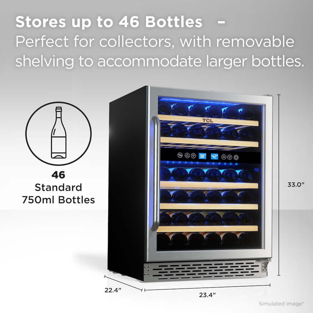 TCL 24 in. 46 Bottle Dual Zone Wine Cooler with Glass Door (TRW46B8AS) with removable shelves for 46 bottles