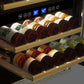 Wine bottles in a temperature-controlled wine cabinet with digital display.