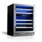 TCL 24 in. 46 Bottle Dual Zone Wine Cooler with Glass Door (TRW46B8AS) with blue interior lighting on a white background