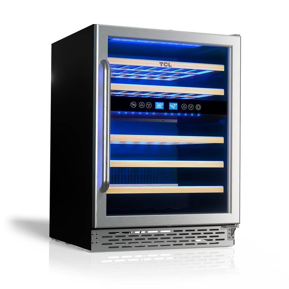 TCL 24 in. 46 Bottle Dual Zone Wine Cooler with Glass Door (TRW46B8AS) with blue interior lighting on a white background