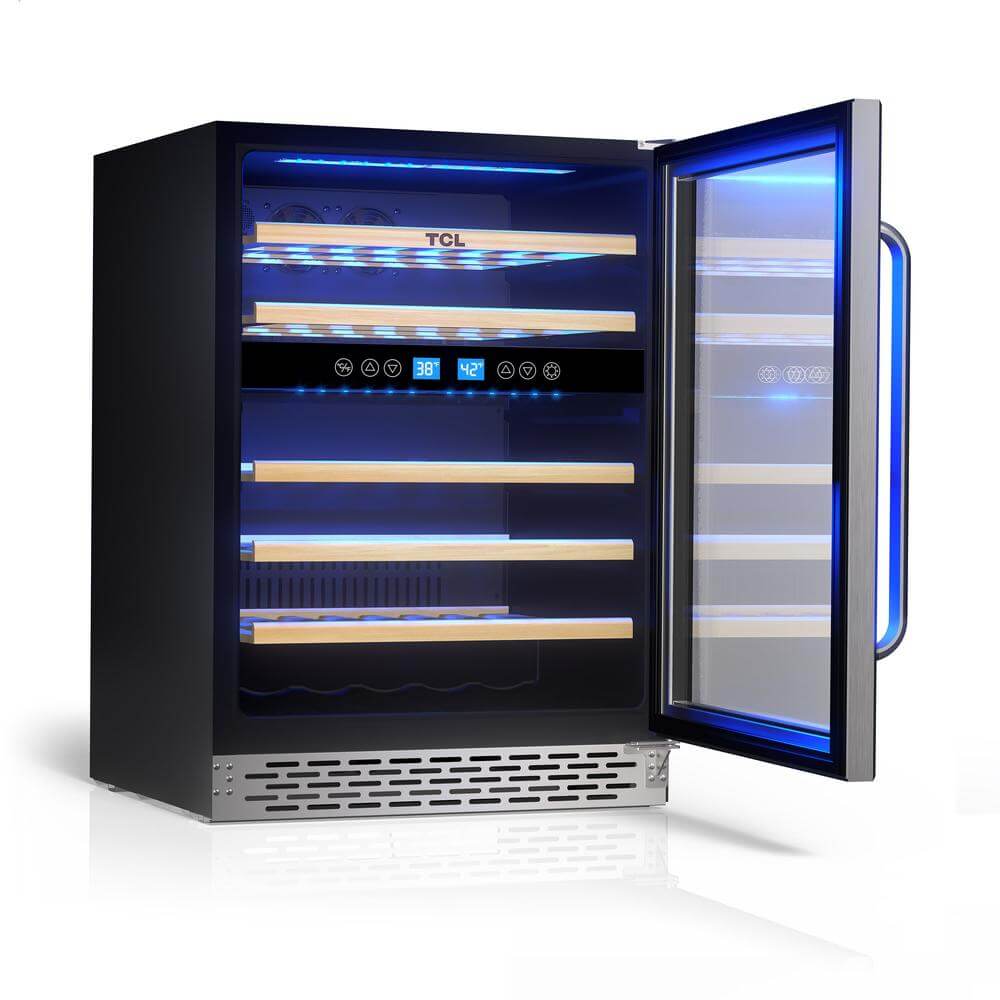 TCL 24 in. 46 Bottle Dual Zone Wine Cooler with Glass Door (TRW46B8AS) with open door on a white background