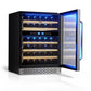 TCL 24 in. 46 Bottle Dual Zone Wine Cooler with Glass Door (TRW46B8AS) with open door displaying wine bottles on a white background