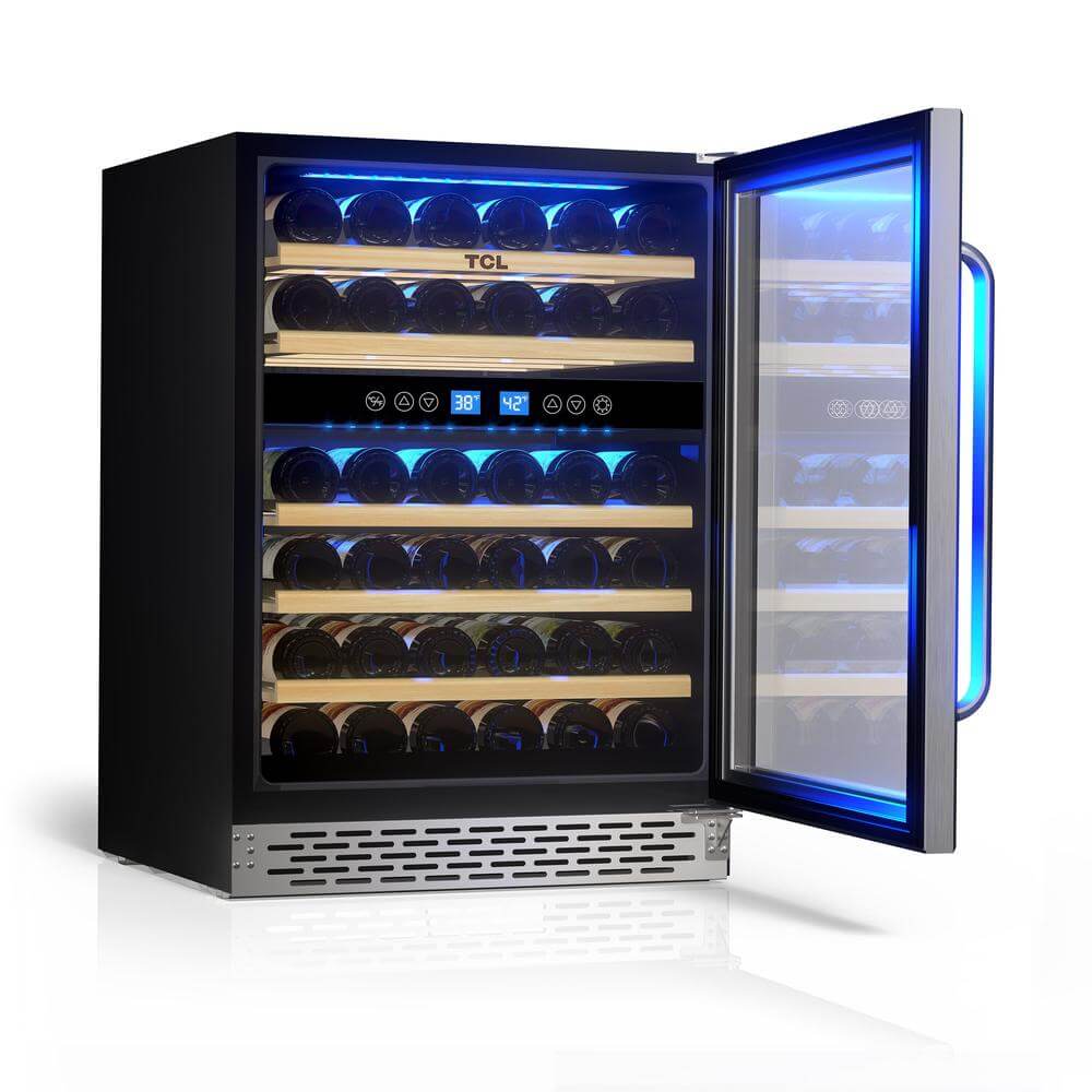 TCL 24 in. 46 Bottle Dual Zone Wine Cooler with Glass Door (TRW46B8AS) with open door displaying wine bottles on a white background
