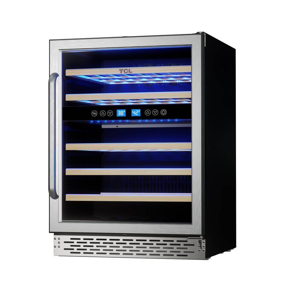 TCL 24 in. 46 Bottle Dual Zone Wine Cooler with Glass Door (TRW46B8AS) with digital display on a white background