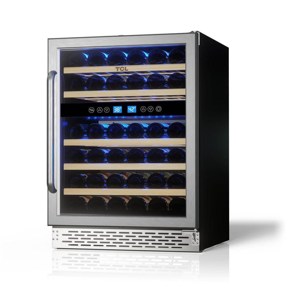TCL 24 in. 46 Bottle Dual Zone Wine Cooler with Glass Door (TRW46B8AS) with bottles inside on a white background
