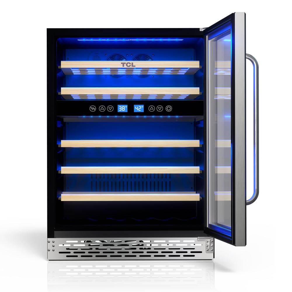TCL 24 in. 46 Bottle Dual Zone Wine Cooler with Glass Door (TRW46B8AS) with open door on a white background