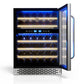 TCL 24 in. 46 Bottle Dual Zone Wine Cooler with Glass Door (TRW46B8AS) with open door displaying bottles inside on a white background