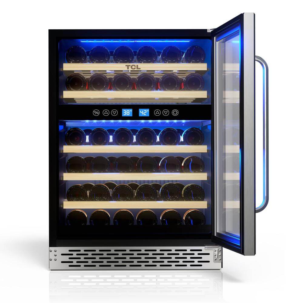 TCL 24 in. 46 Bottle Dual Zone Wine Cooler with Glass Door (TRW46B8AS) with open door displaying bottles inside on a white background