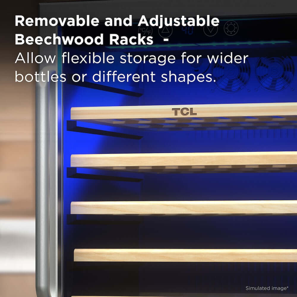 TCL 24 in. 52 Bottle 5.3 Cu. Ft. Compact Freestanding Wine Cooler with Glass Door (TRW52B7AS) wooden racks, text about removable and adjustable beechwood racks.