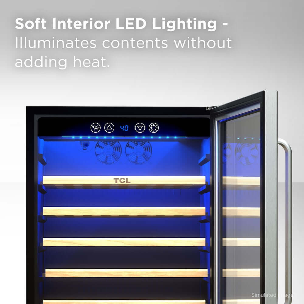 TCL 24 in. 52 Bottle 5.3 Cu. Ft. Compact Freestanding Wine Cooler with Glass Door (TRW52B7AS) soft interior LED lighting