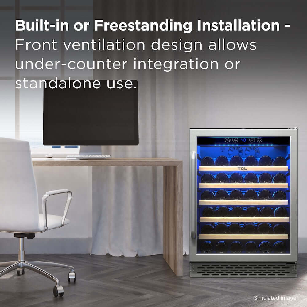 TCL 24 in. 52 Bottle 5.3 Cu. Ft. Compact Freestanding Wine Cooler with Glass Door (TRW52B7AS) in a home office setting with text about installation options.