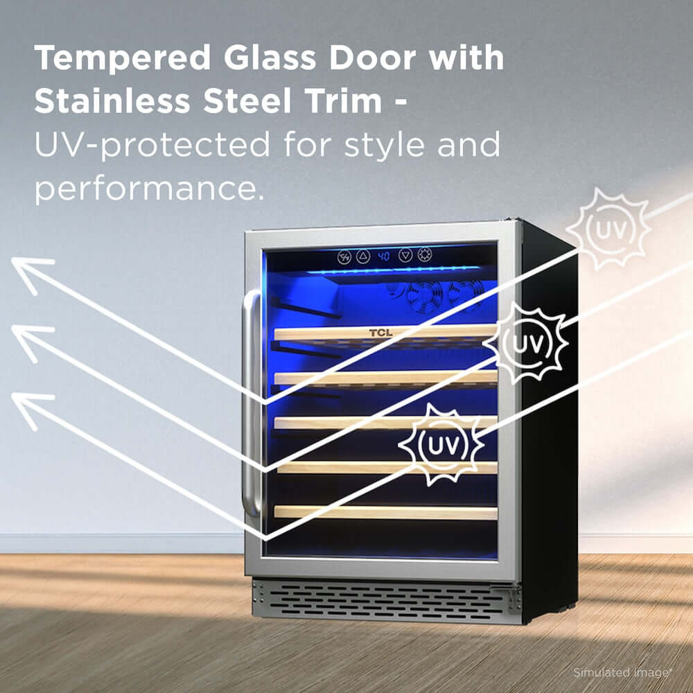 TCL 24 in. 52 Bottle 5.3 Cu. Ft. Compact Freestanding Wine Cooler with Glass Door (TRW52B7AS) with tempered glass door and stainless steel trim on a wooden floor.