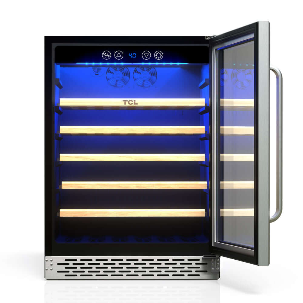 TCL 24 in. 52 Bottle 5.3 Cu. Ft. Compact Freestanding Wine Cooler with Glass Door (TRW52B7AS) with open door on a white background