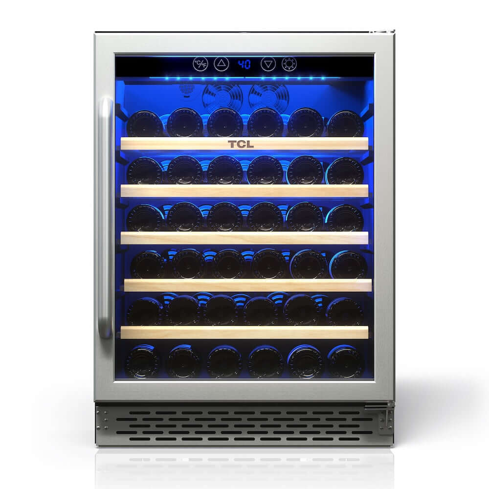 TCL 24 in. 52 Bottle 5.3 Cu. Ft. Compact Freestanding Wine Cooler with Glass Door (TRW52B7AS) with bottles inside on a white background
