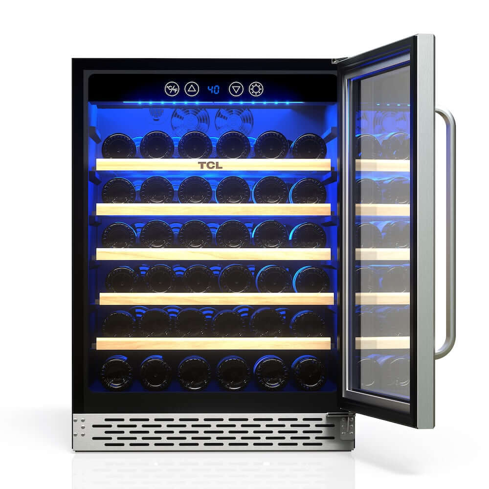 TCL 24 in. 52 Bottle 5.3 Cu. Ft. Compact Freestanding Wine Cooler with Glass Door (TRW52B7AS) with open door displaying bottles inside on a white background