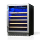 TCL 24 in. 52 Bottle 5.3 Cu. Ft. Compact Freestanding Wine Cooler with Glass Door (TRW52B7AS) with blue interior light on a white background