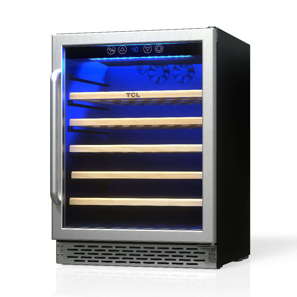 TCL 24 in. 52 Bottle 5.3 Cu. Ft. Compact Freestanding Wine Cooler with Glass Door (TRW52B7AS) with blue interior light on a white background