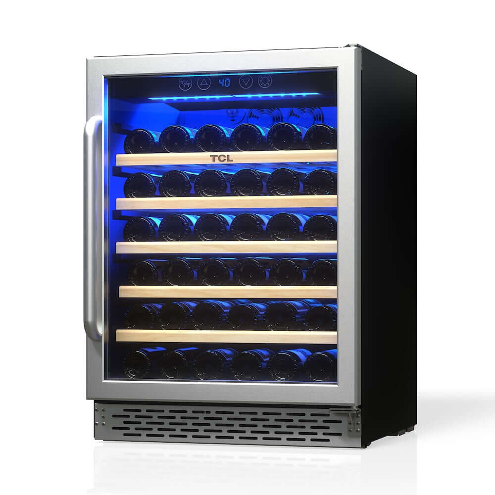TCL 24 in. 52 Bottle 5.3 Cu. Ft. Compact Freestanding Wine Cooler with Glass Door (TRW52B7AS) side.
