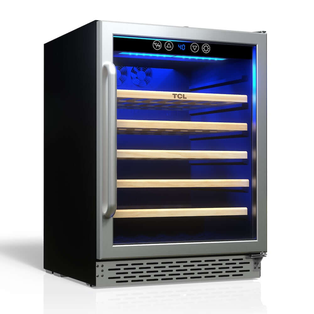TCL 24 in. 52 Bottle 5.3 Cu. Ft. Compact Freestanding Wine Cooler with Glass Door (TRW52B7AS) reverse side.