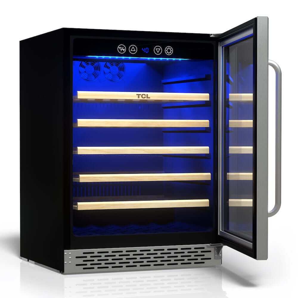 TCL 24 in. 52 Bottle 5.3 Cu. Ft. Compact Freestanding Wine Cooler with Glass Door (TRW52B7AS) with open door displaying interior shelves and TCL branding.