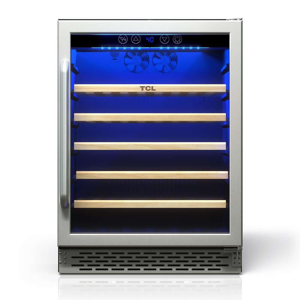 TCL 24 in. 52 Bottle 5.3 Cu. Ft. Compact Freestanding Wine Cooler with Glass Door (TRW52B7AS)