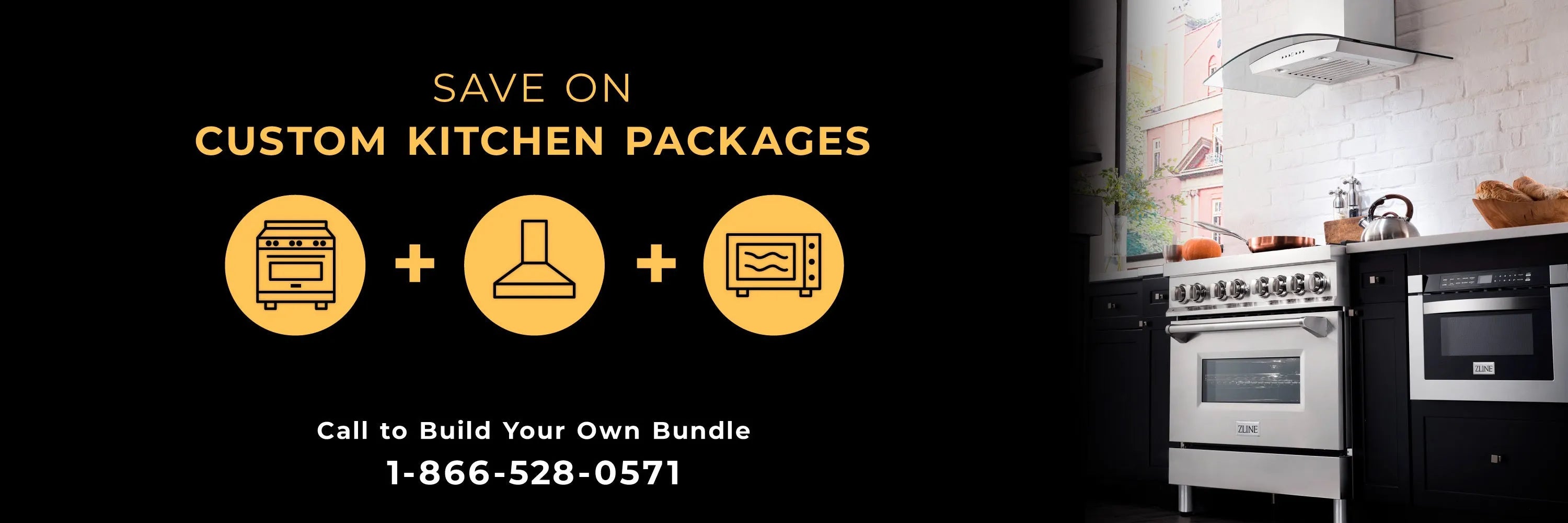 Banner for custom kitchen packages with a kitchen setup and contact information.