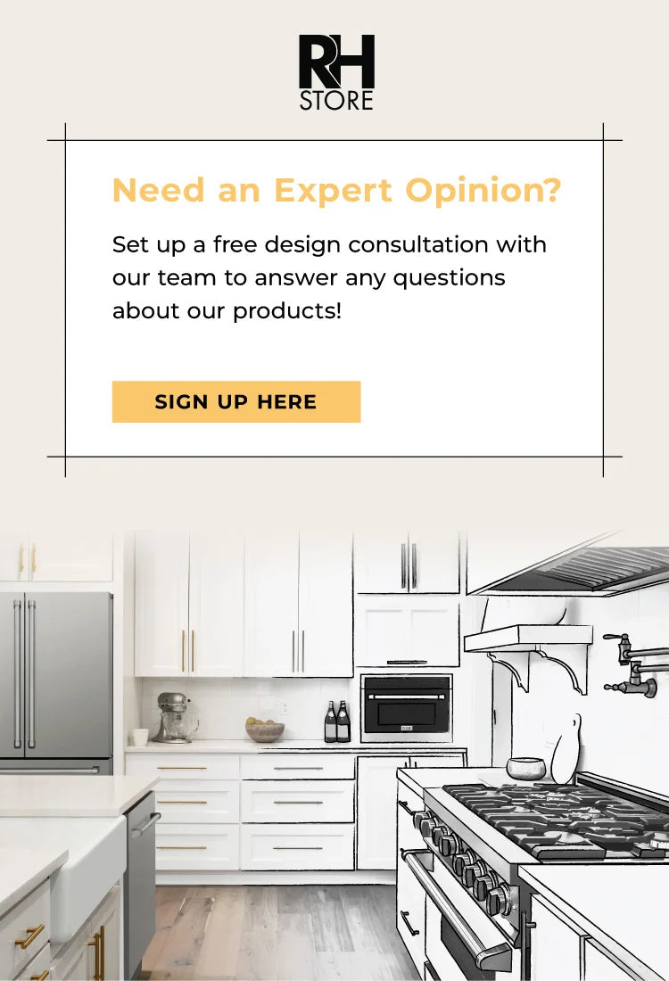 Promotional graphic for The Range Hood Store featuring a kitchen design consultation offer, with a modern kitchen interior illustration and text inviting users to sign up.