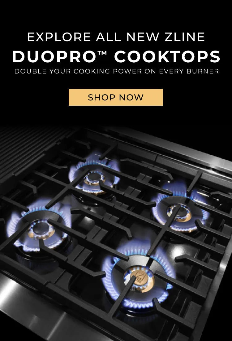 Gas burners on a black background. Text: Explore all new ZLINE DuoPro™ Cooktops. Double your cooking power on every burner. Button: Shop Now.