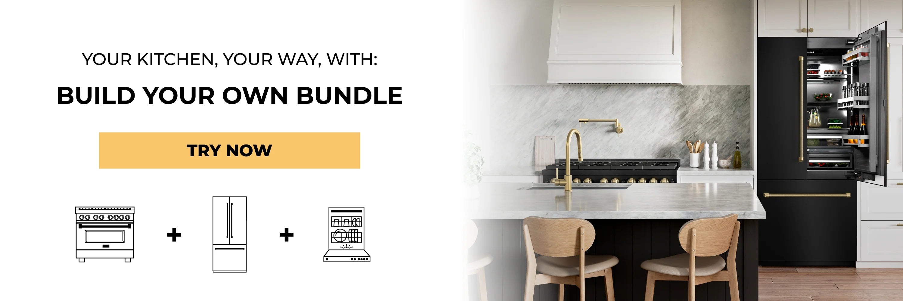 Promotional banner for appliance bundle customization, with text reading 'YOUR KITCHEN, YOUR WAY, WITH: BUILD YOUR OWN BUNDLE' and a 'TRY NOW' button, alongside simple line drawings of appliances and a modern kitchen scene showing a black refrigerator with the door open.