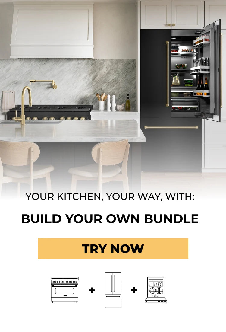 Promotional kitchen scene showing a modern kitchen island with white cabinets, a gray marble backsplash, a black gas cooktop, and an open black refrigerator. Text reads 'YOUR KITCHEN, YOUR WAY, WITH: BUILD YOUR OWN BUNDLE' with a yellow 'TRY NOW' button and simple line icons of appliances below.