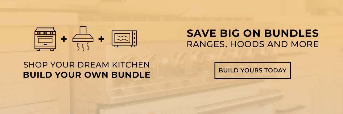 Appliance icons on a yellow background. Text: Shop your dream kitchen. Build your own bundle. Save big on bundles, ranges, hoods, and more. Button: Build yours today.