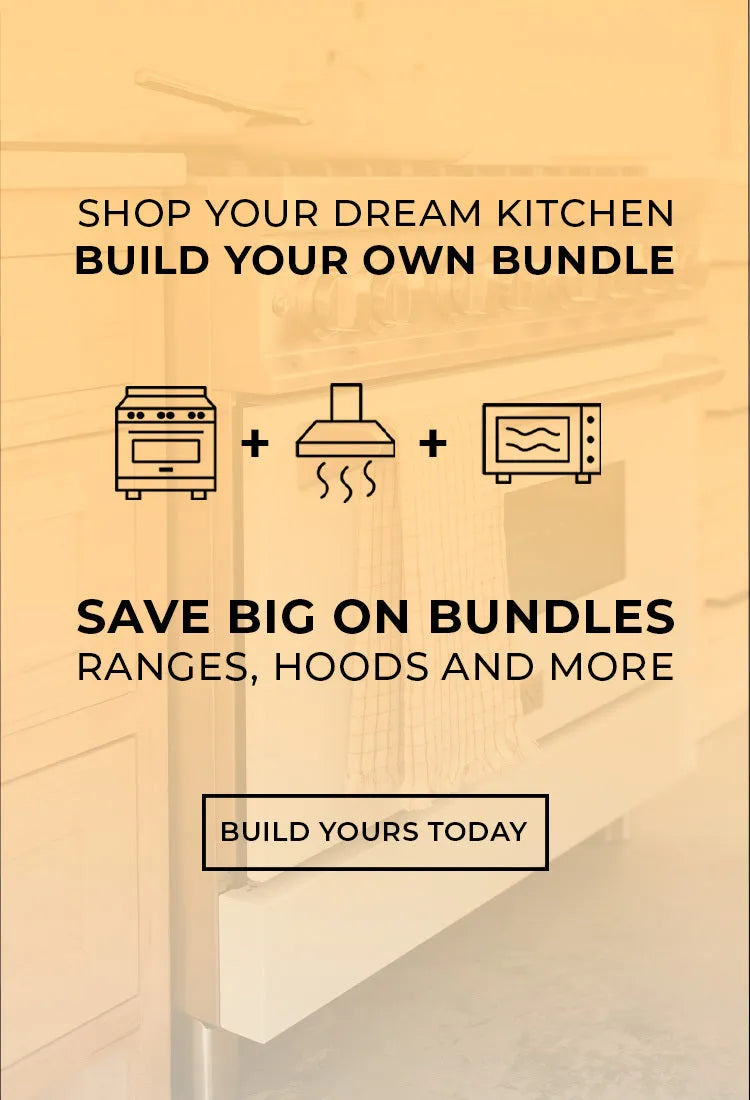 Appliance icons on a yellow background. Text: Shop your dream kitchen. Build your own bundle. Save big on bundles, ranges, hoods, and more. Button: Build yours today.