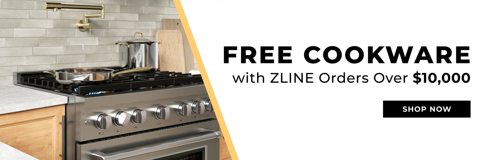 Stainless steel range with pots and pans on a tiled backsplash, promotional text for free cookware with ZLINE orders over $10,000.