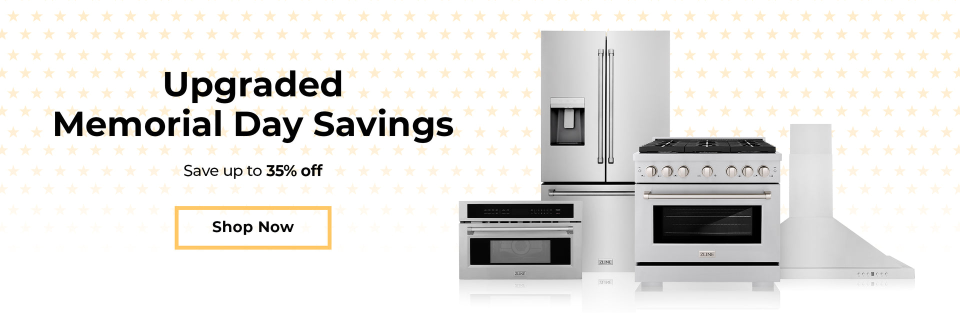 Luxury appliances in a farmhouse-style kitchen. Text: Upgraded Memorial Day Savings. Save up to 35% off. Button: Shop Now.
