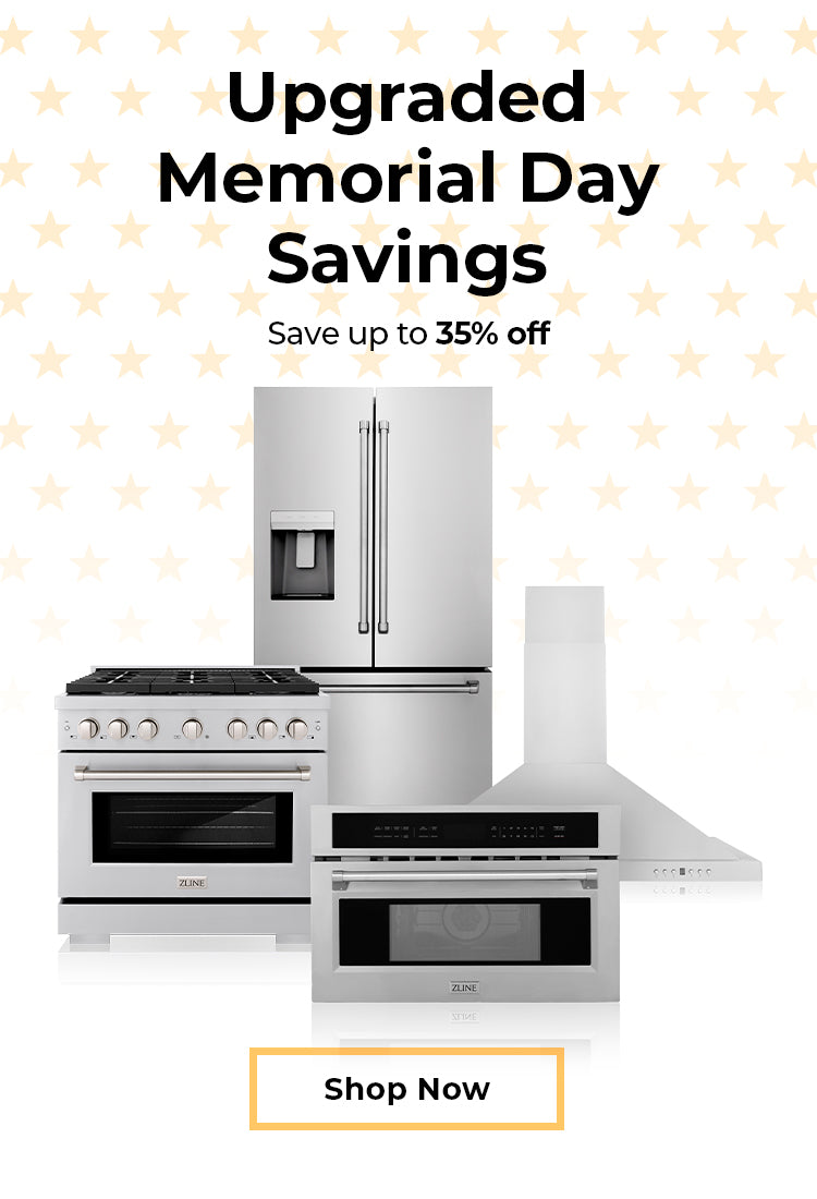 Luxury appliances in a farmhouse-style kitchen. Text: Upgraded Memorial Day Savings. Save up to 35% off. Button: Shop Now.