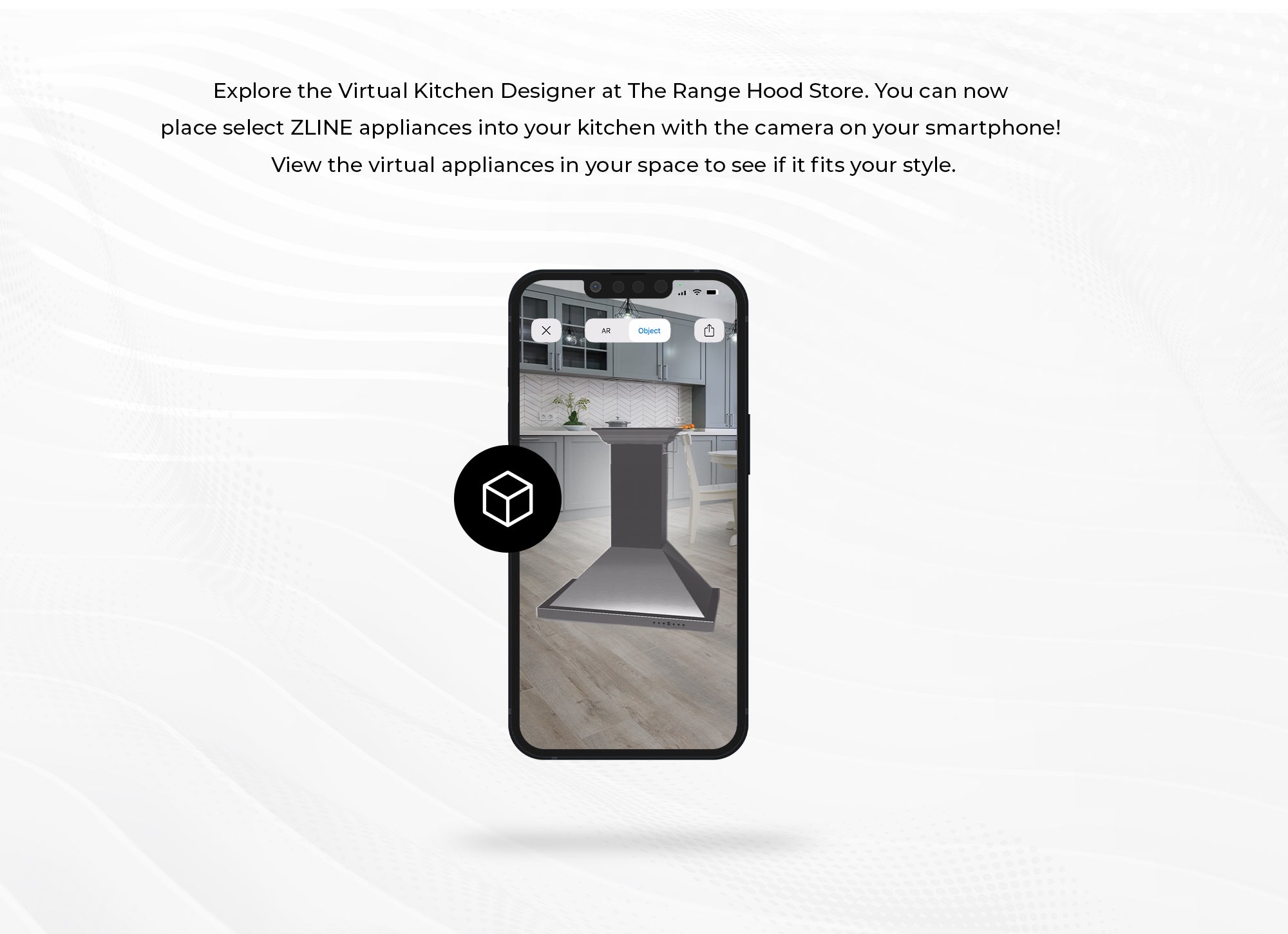 At the bottom right of the product image, select the tiny cube to view the product in your space. This will automatically open up the Augmented Reality menu. From there you can move, shrink, enlarge, and rotate the appliance around your space.