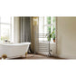 Bathroom with freestanding bathtub, Kingston Brass Templeton Freestanding Plug-In Towel Warmer Brushed Nickel, and large window.