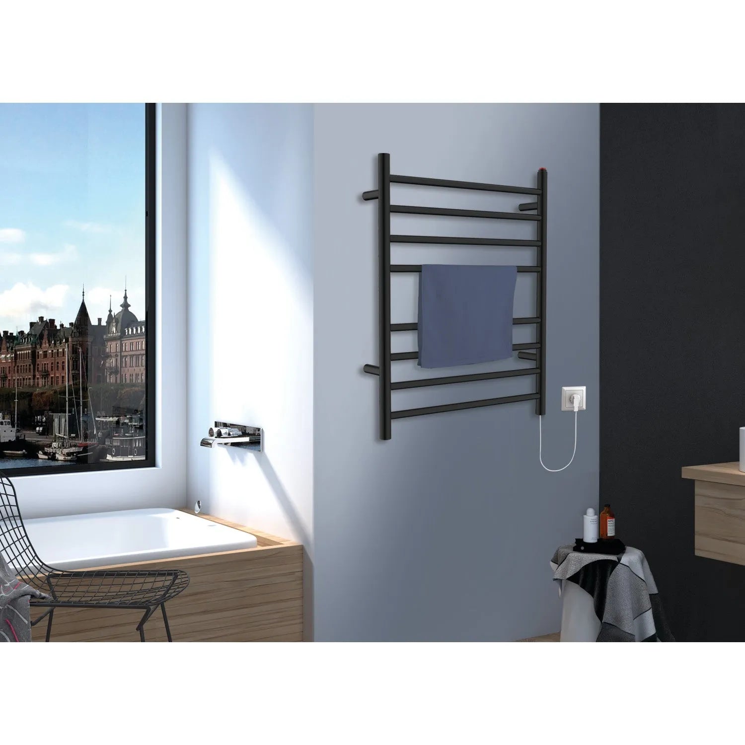 Bathroom with Kingston Brass Templeton Wall Mount Hardwired or Plug-In Towel Warmer Matte Black and blue towel