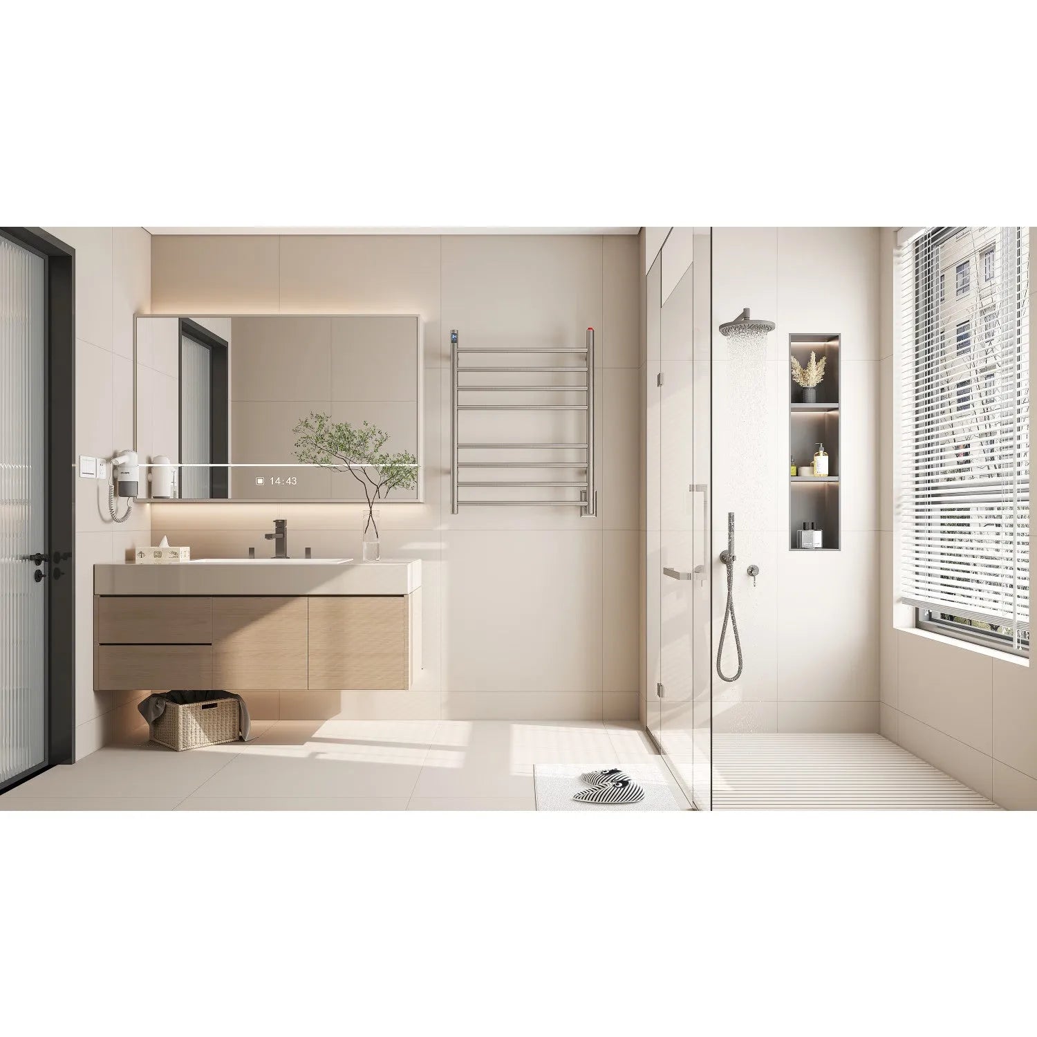 Modern bathroom with shower, sink, and Kingston Brass Templeton Wall Mount Hardwired or Plug-In Towel Warmer Brushed Nickel