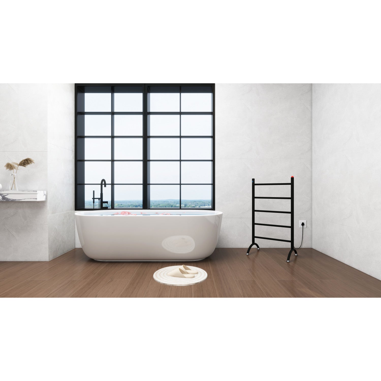 Modern bathroom with a freestanding bathtub, Kingston Brass Templeton Freestanding/Wall Mount Hardwired or Plug-In Towel Warmer Matte Black, and large window.