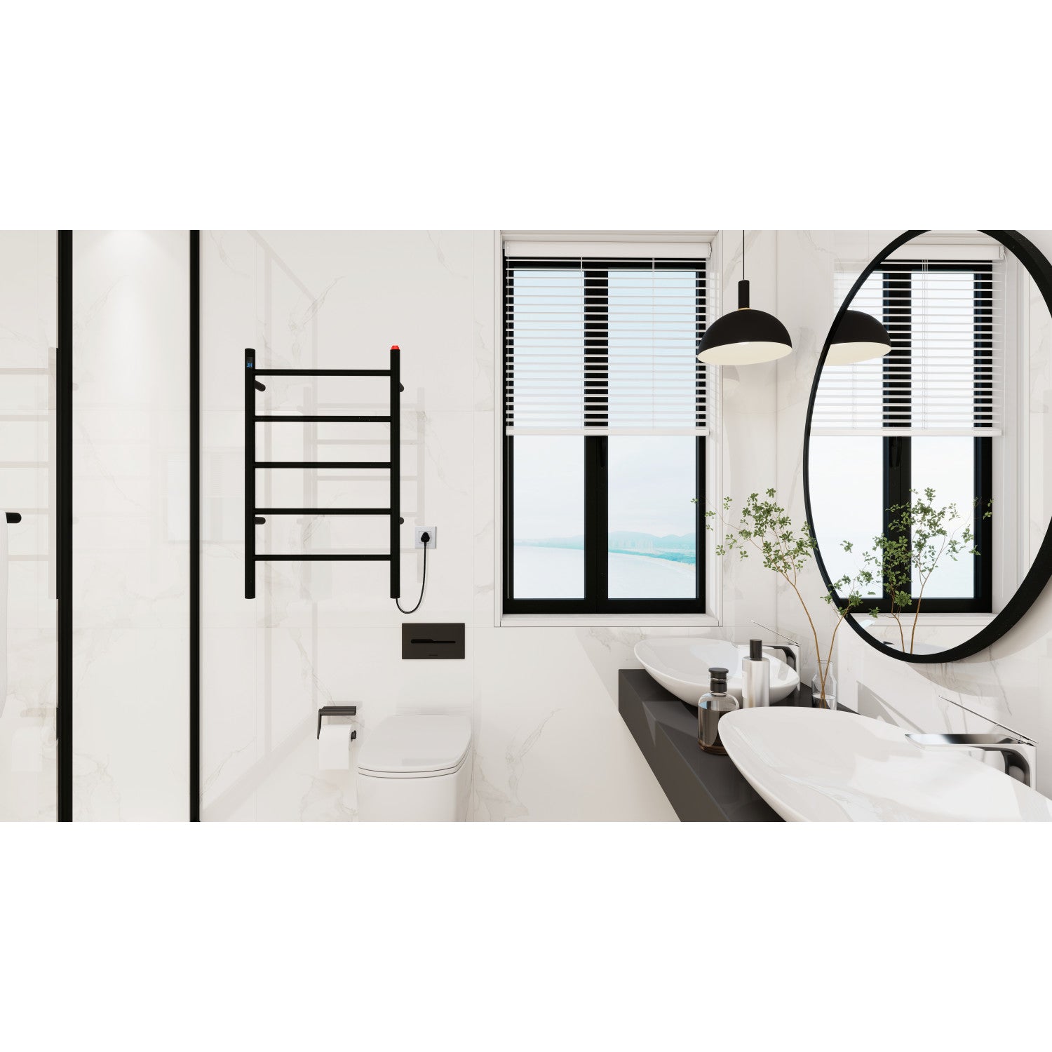 Modern bathroom interior with Kingston Brass Templeton Freestanding/Wall Mount Hardwired or Plug-In Towel Warmer Matte Black, window, and round mirror.