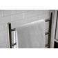 White towel hanging on Kingston Brass Templeton Freestanding/Wall Mount Hardwired or Plug-In Towel Warmer Brushed Nickel against a white tiled wall.